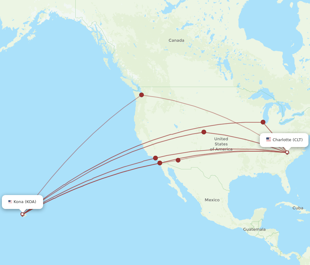 CLT to KOA flights and routes map