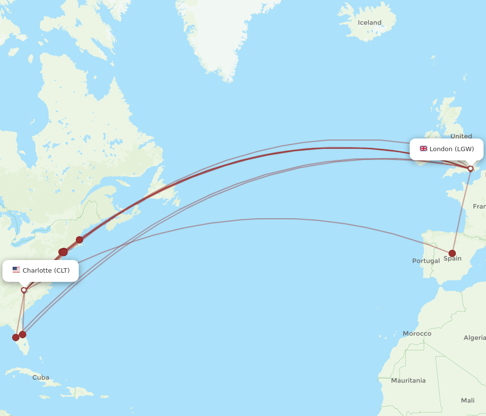 CLT to LGW flights and routes map