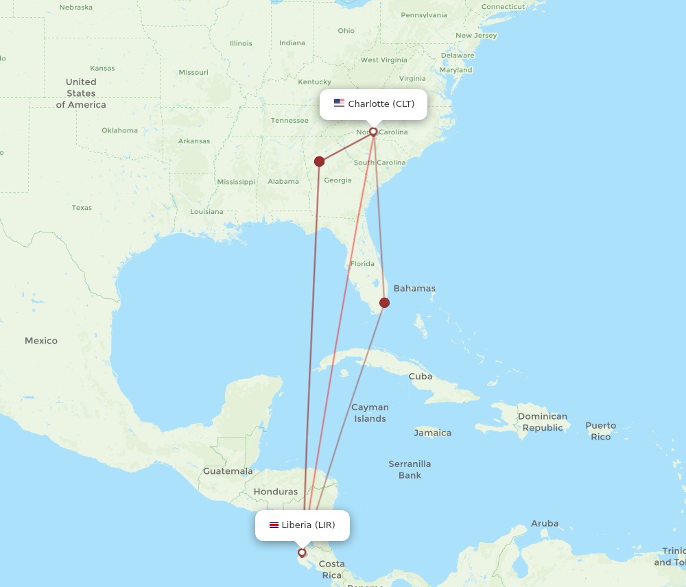 CLT to LIR flights and routes map