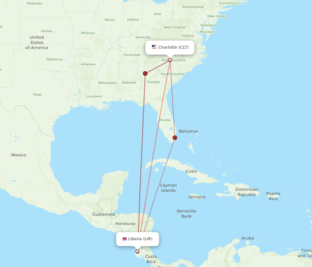 CLT to LIR flights and routes map