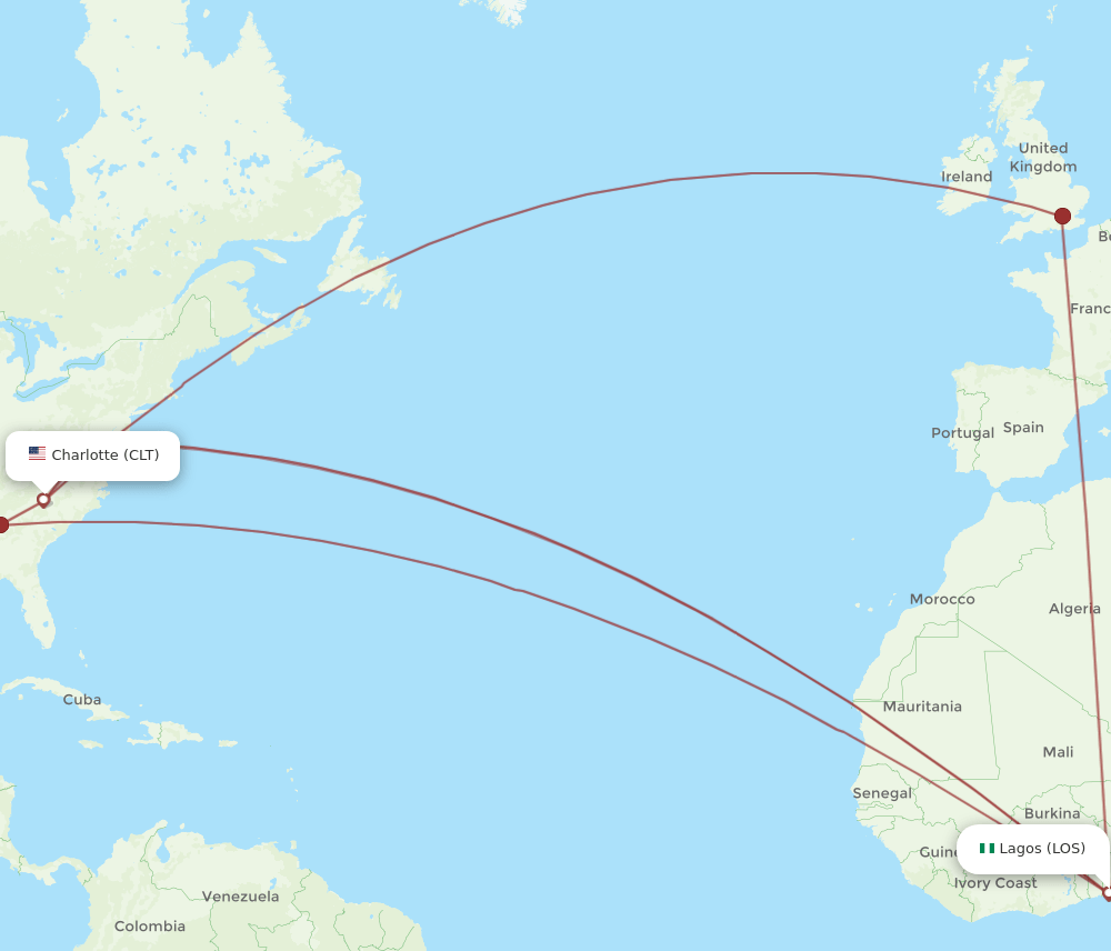 CLT to LOS flights and routes map