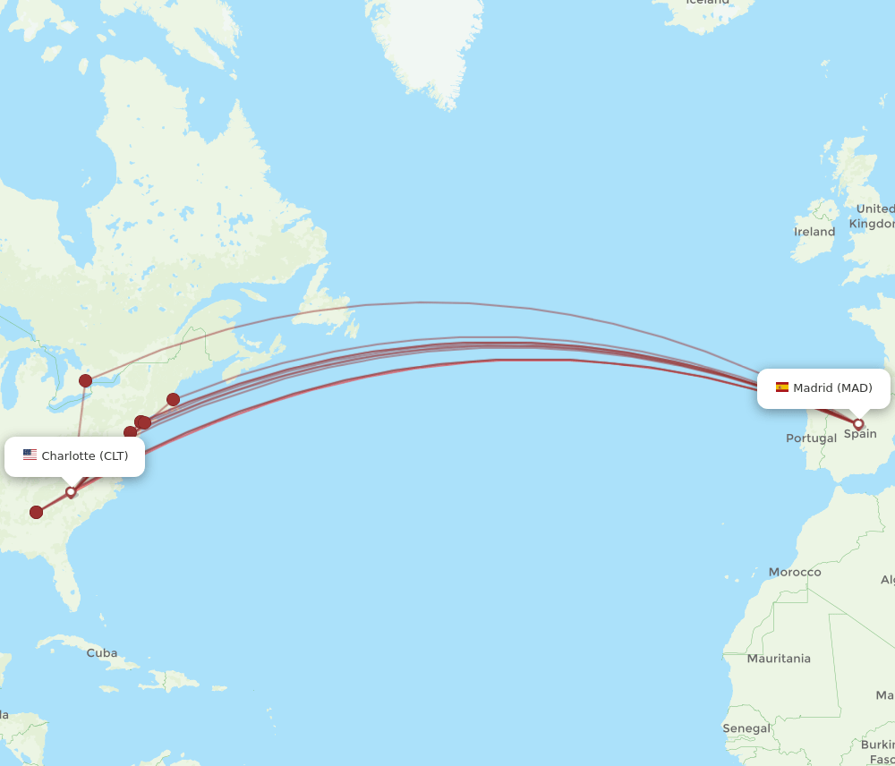 CLT-MAD flight routes