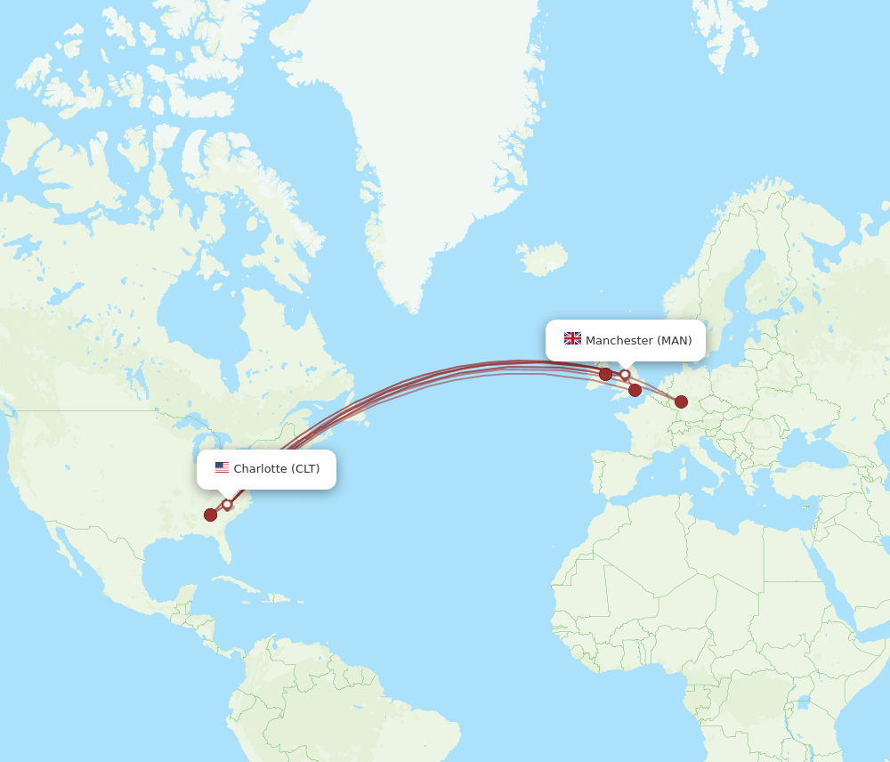 CLT to MAN flights and routes map