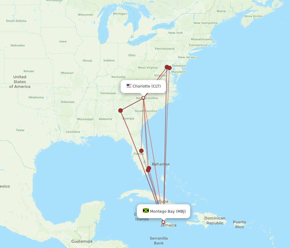 CLT to MBJ flights and routes map