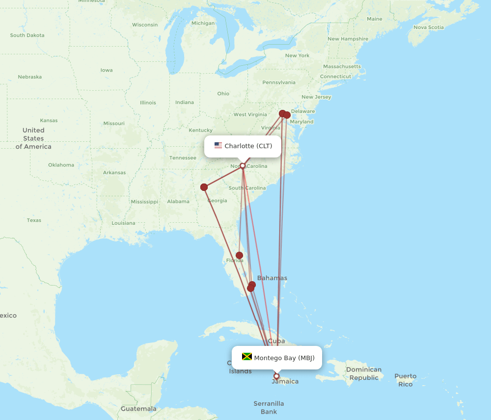 CLT to MBJ flights and routes map