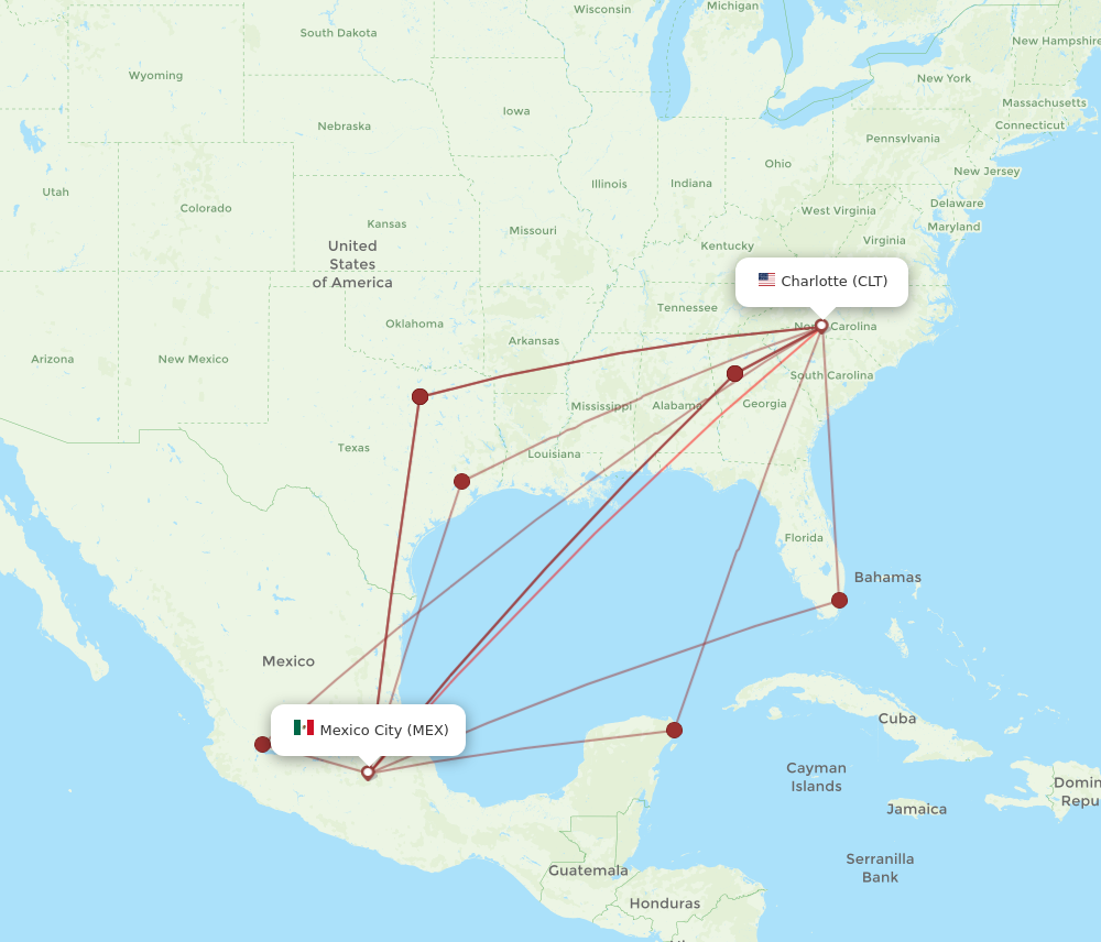 CLT to MEX flights and routes map