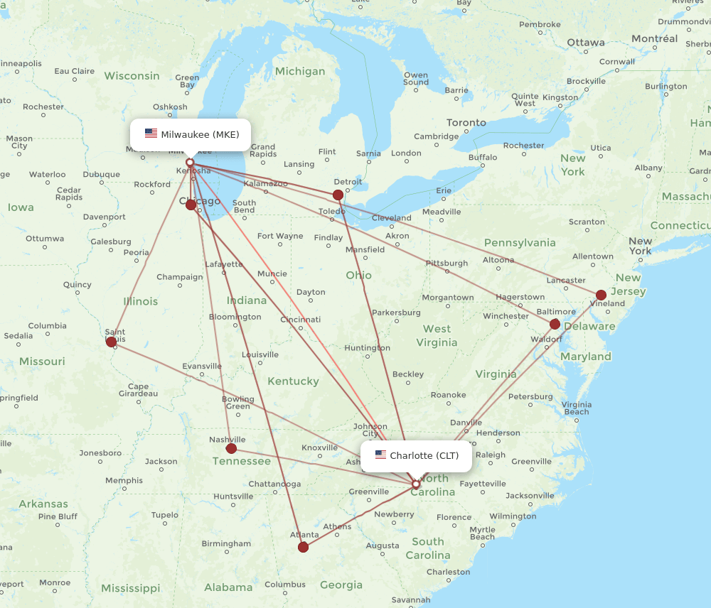 CLT to MKE flights and routes map