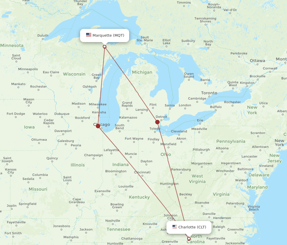 CLT to MQT flights and routes map