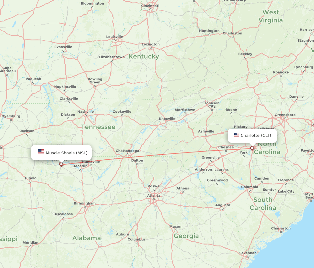 CLT to MSL flights and routes map