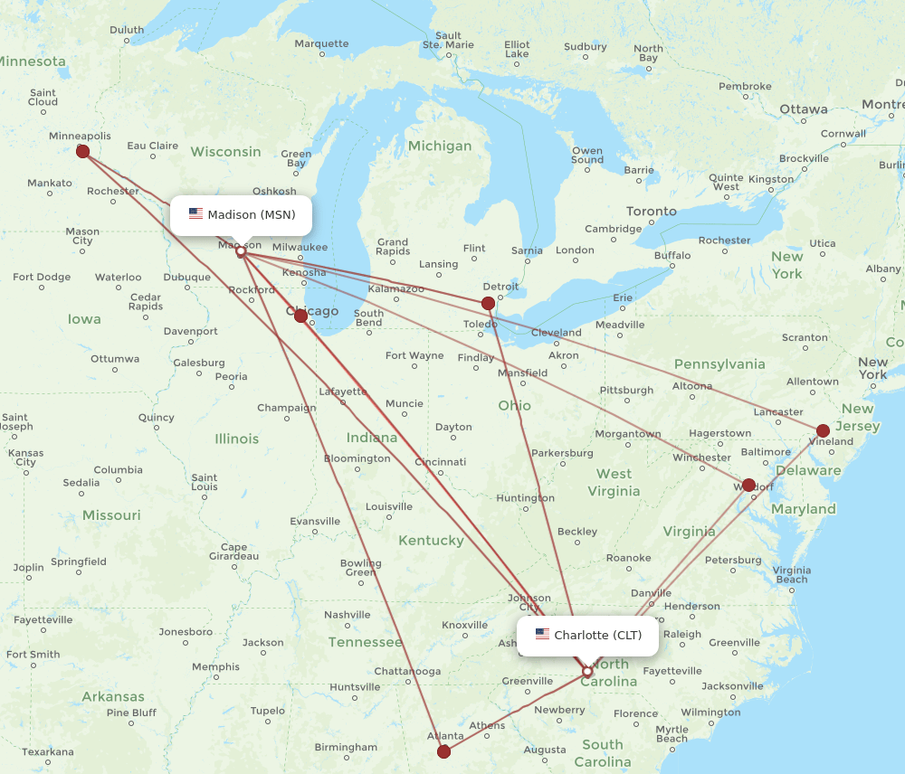 CLT to MSN flights and routes map