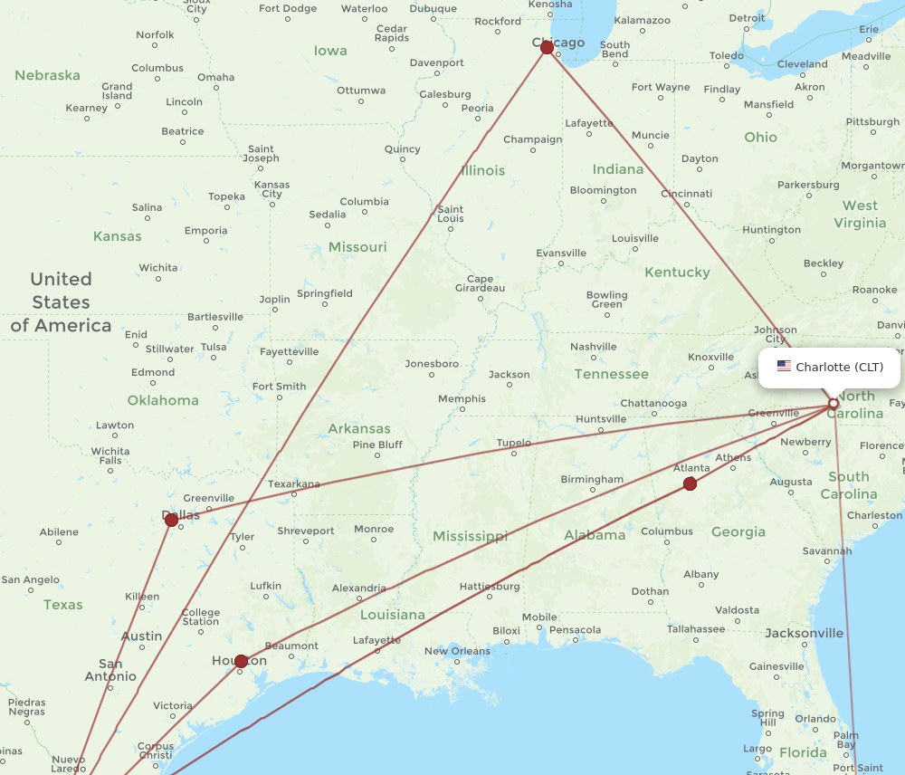 CLT to MTY flights and routes map