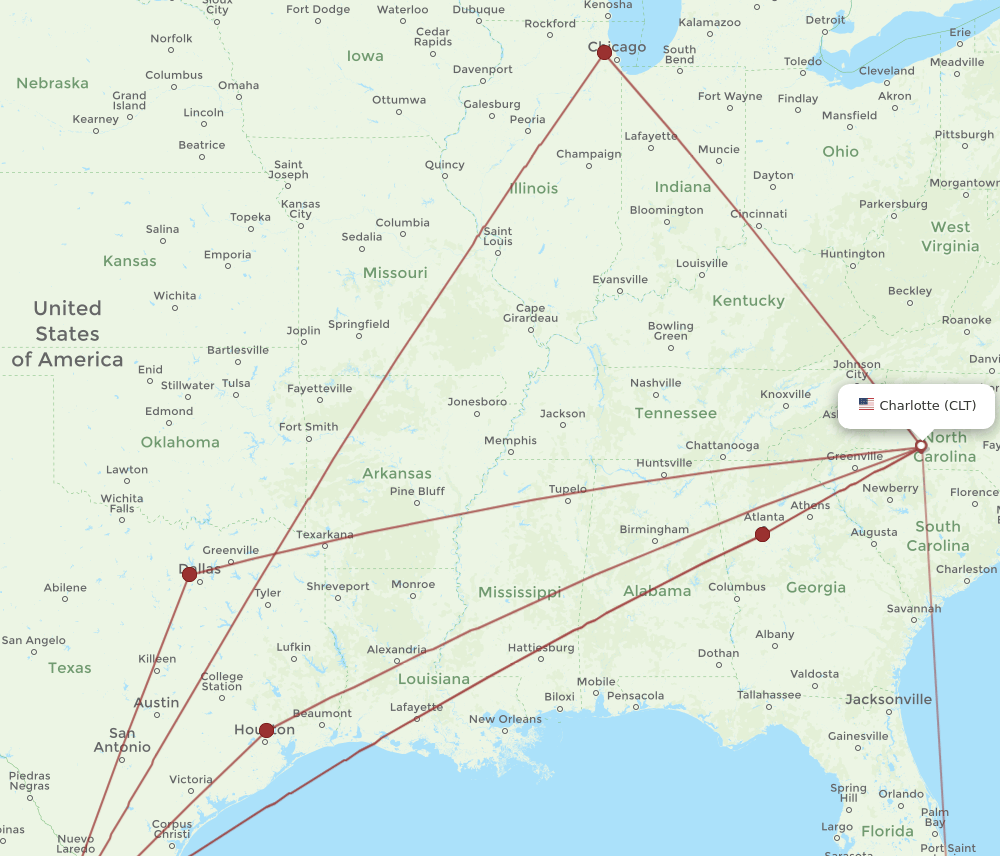 CLT to MTY flights and routes map