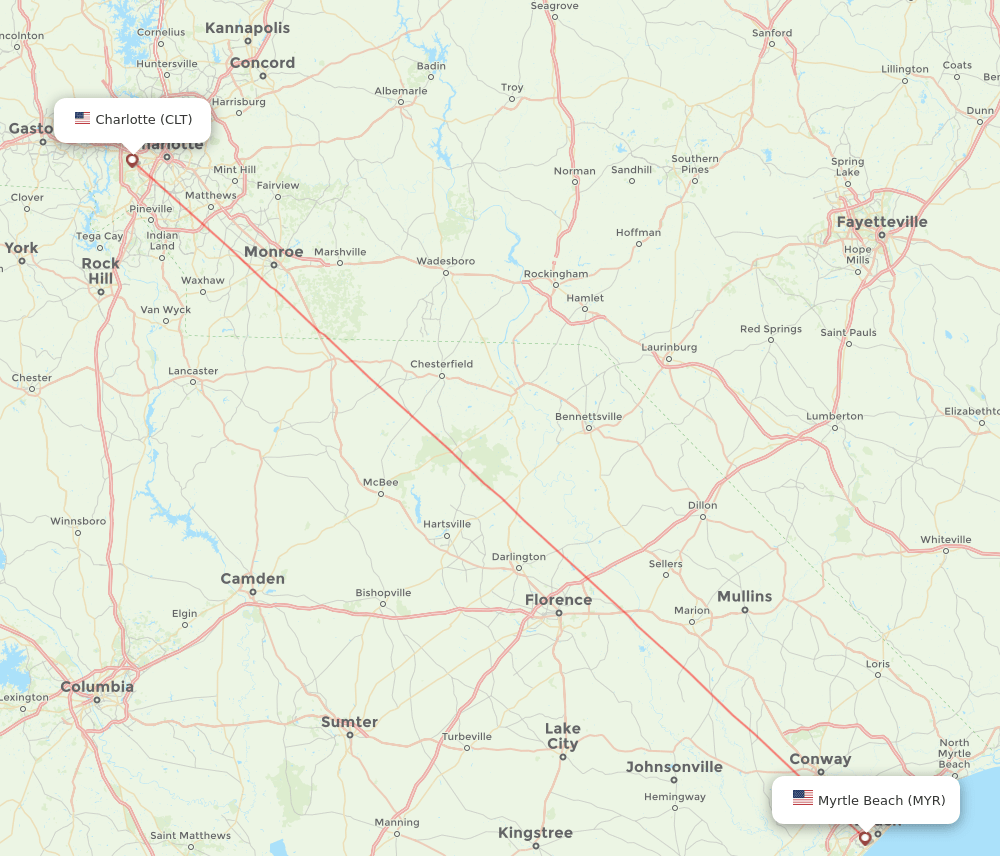 Charlotte - Myrtle Beach route map and flight paths