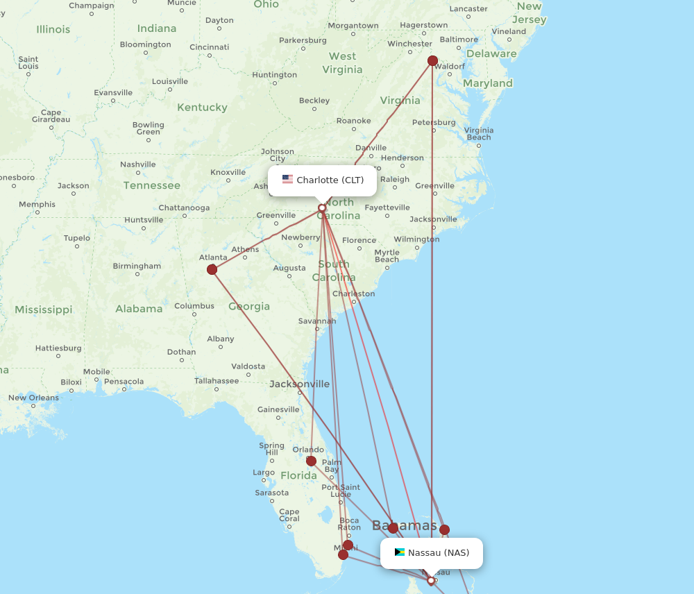 CLT to NAS flights and routes map