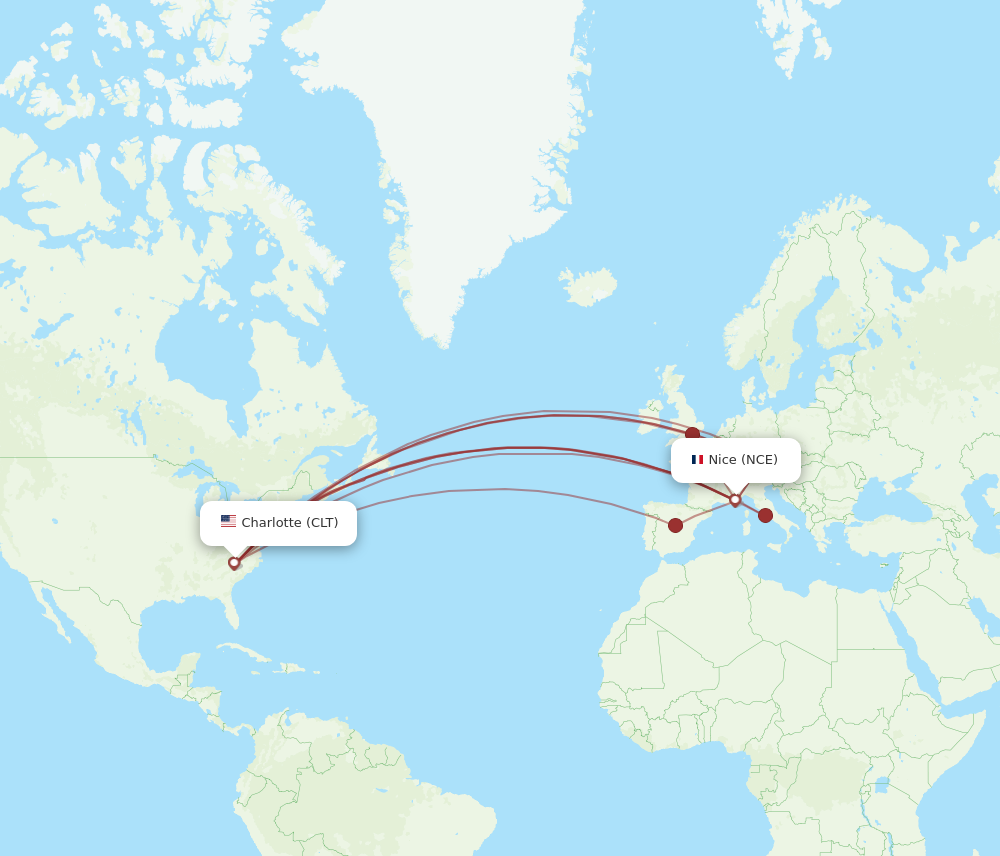 CLT to NCE flights and routes map