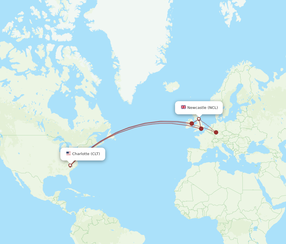 CLT to NCL flights and routes map