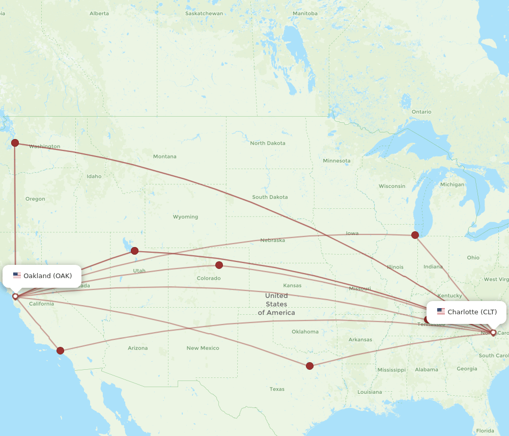 CLT to OAK flights and routes map
