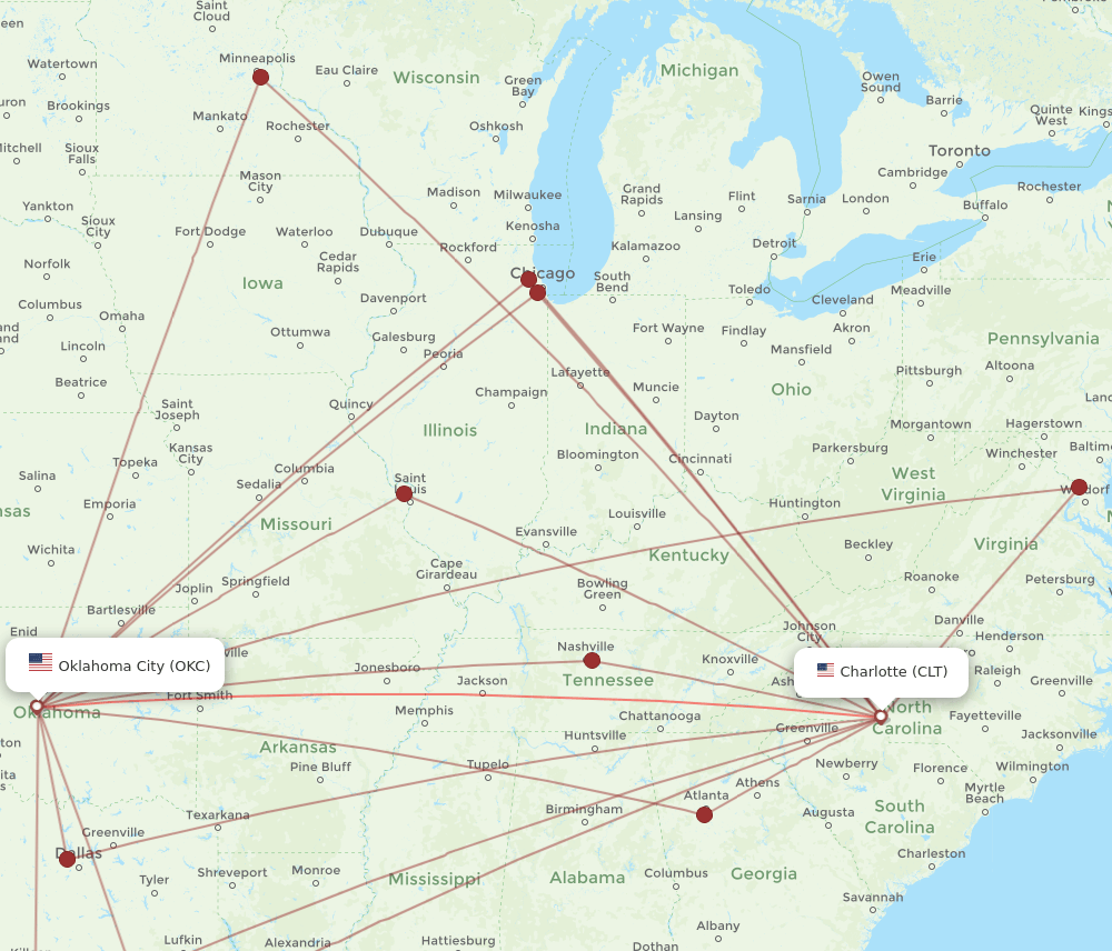 CLT-OKC flight routes