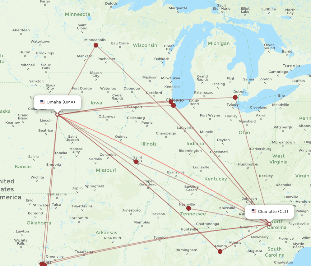 CLT to OMA flights and routes map