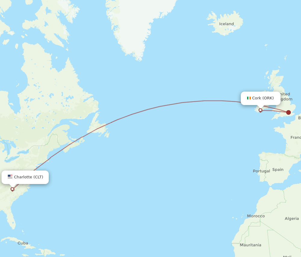 CLT to ORK flights and routes map