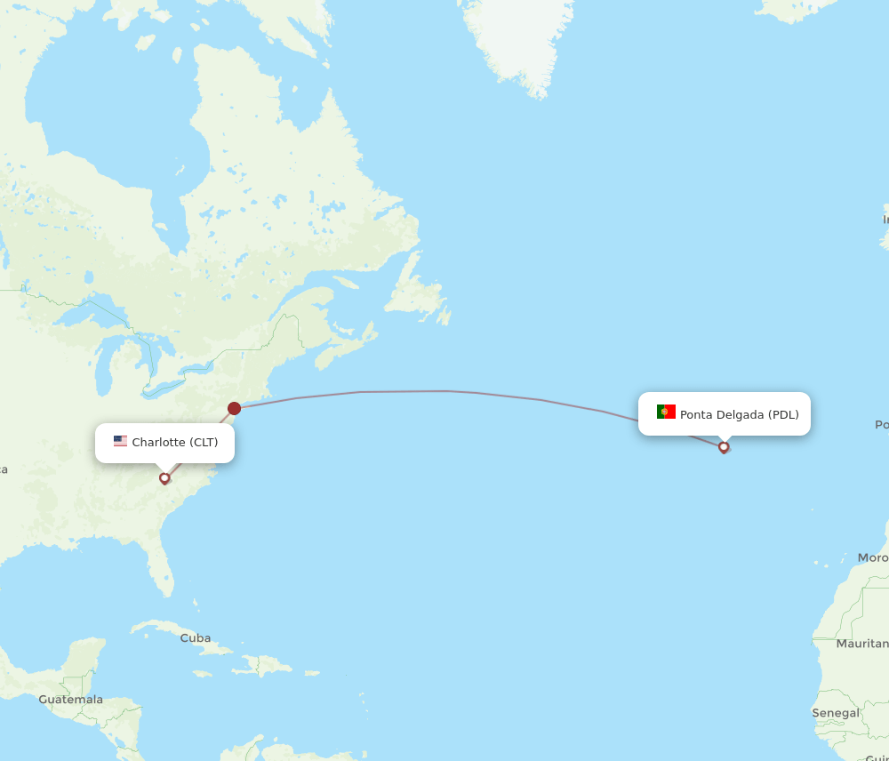 Ponta Delgada (Azores) - Charlotte route map and flight paths
