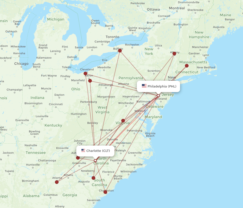 CLT to PHL flights and routes map