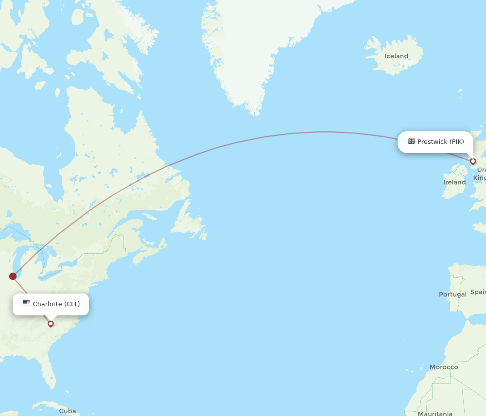 Charlotte - Glasgow route map and flight paths