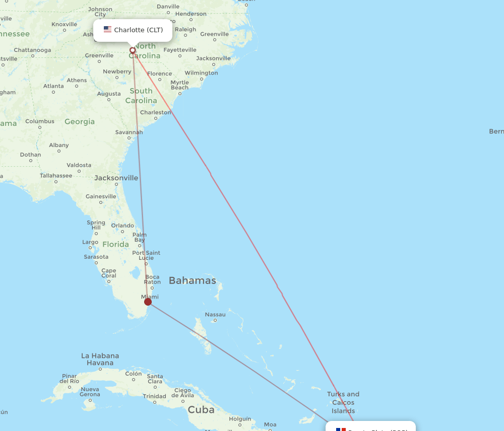 CLT to POP flights and routes map