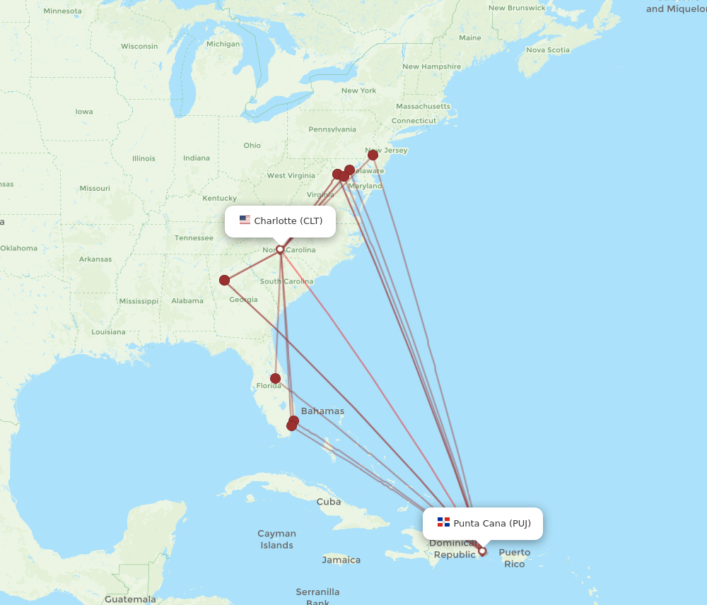 CLT to PUJ flights and routes map