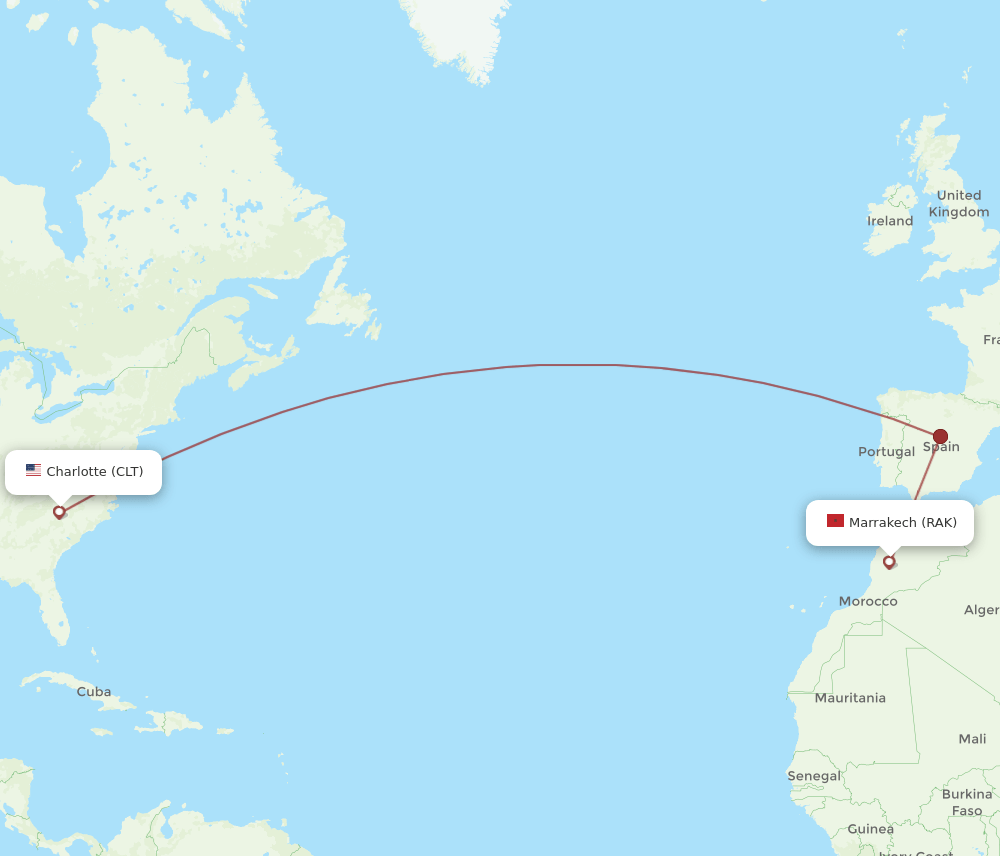 Marrakech - Charlotte route map and flight paths