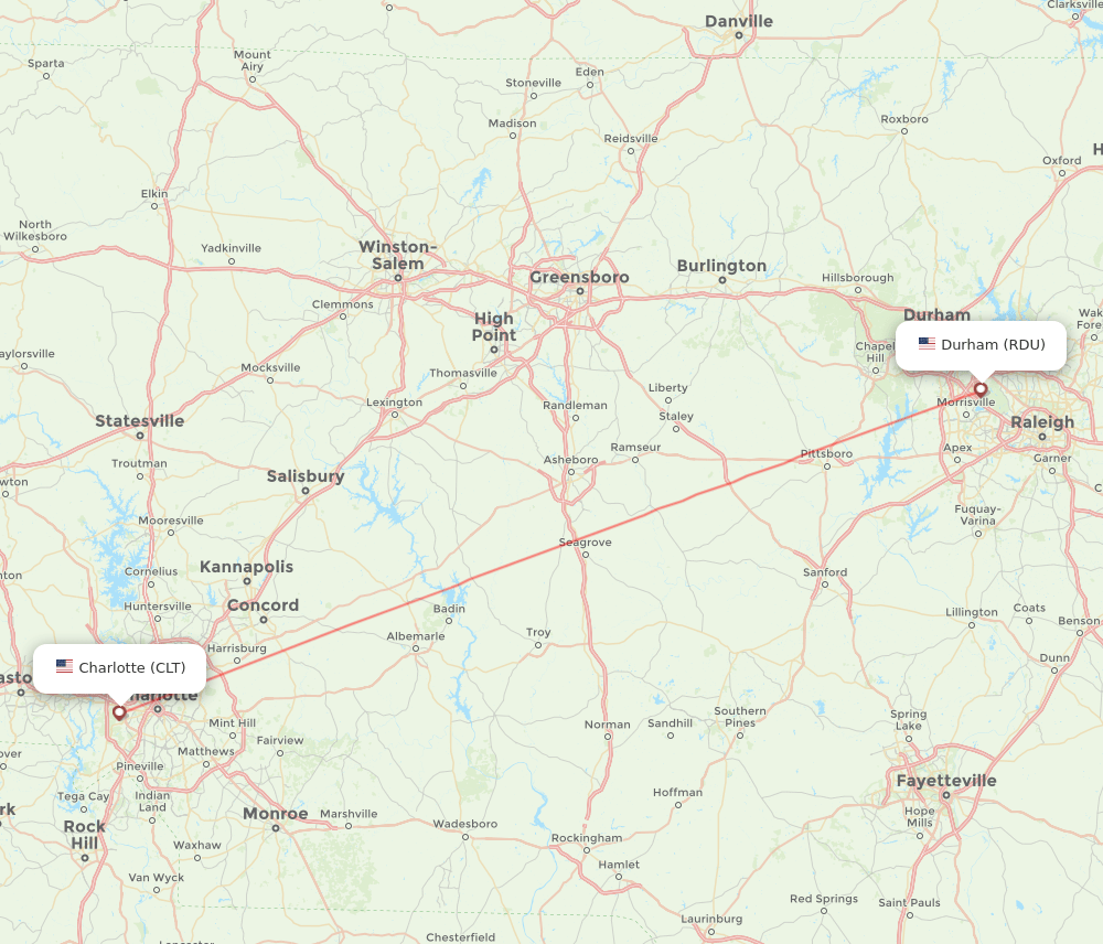 Charlotte - Raleigh/Durham route map and flight paths