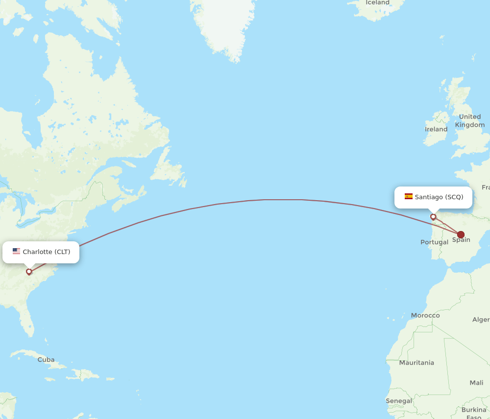 SCQ to CLT flights and routes map