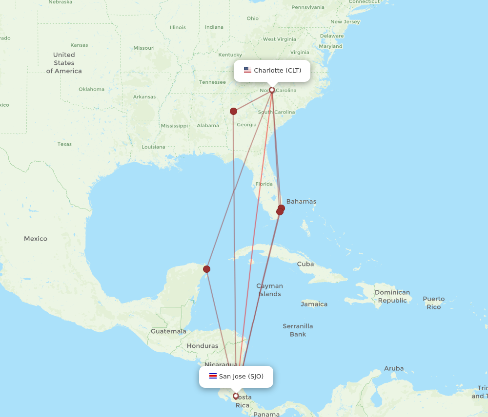 CLT to SJO flights and routes map