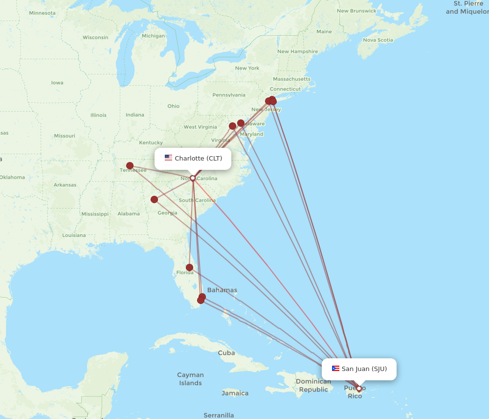 CLT to SJU flights and routes map