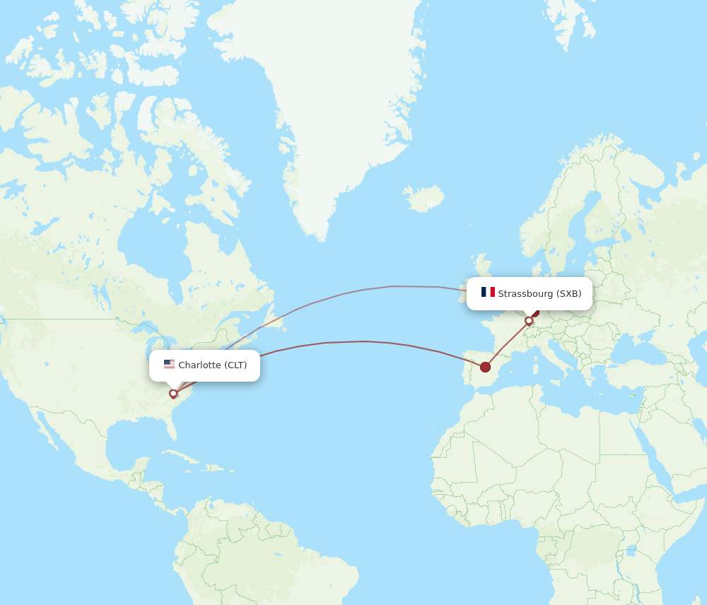 Strasbourg - Charlotte route map and flight paths