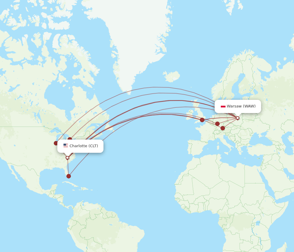CLT to WAW flights and routes map