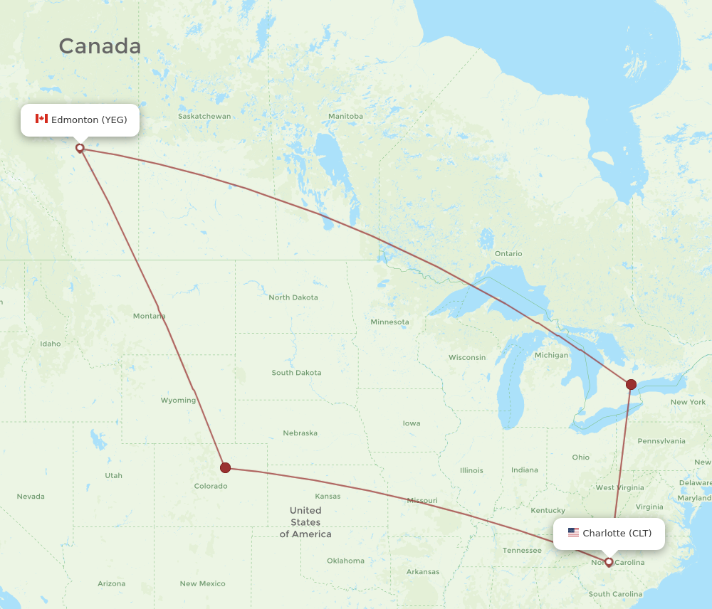 CLT to YEG flights and routes map