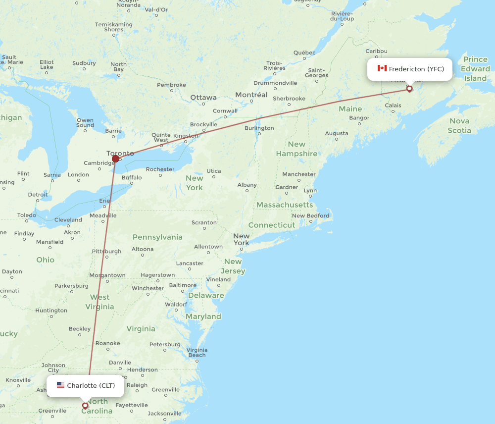 CLT to YFC flights and routes map