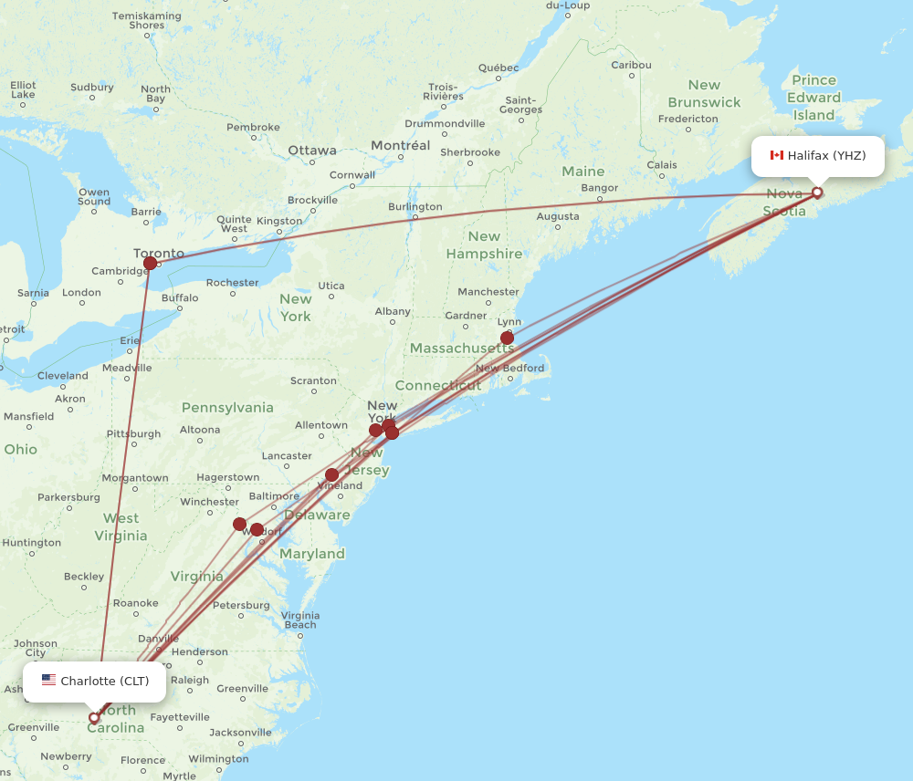 CLT to YHZ flights and routes map