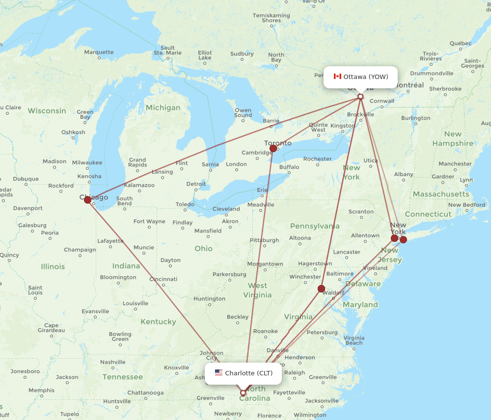 CLT to YOW flights and routes map