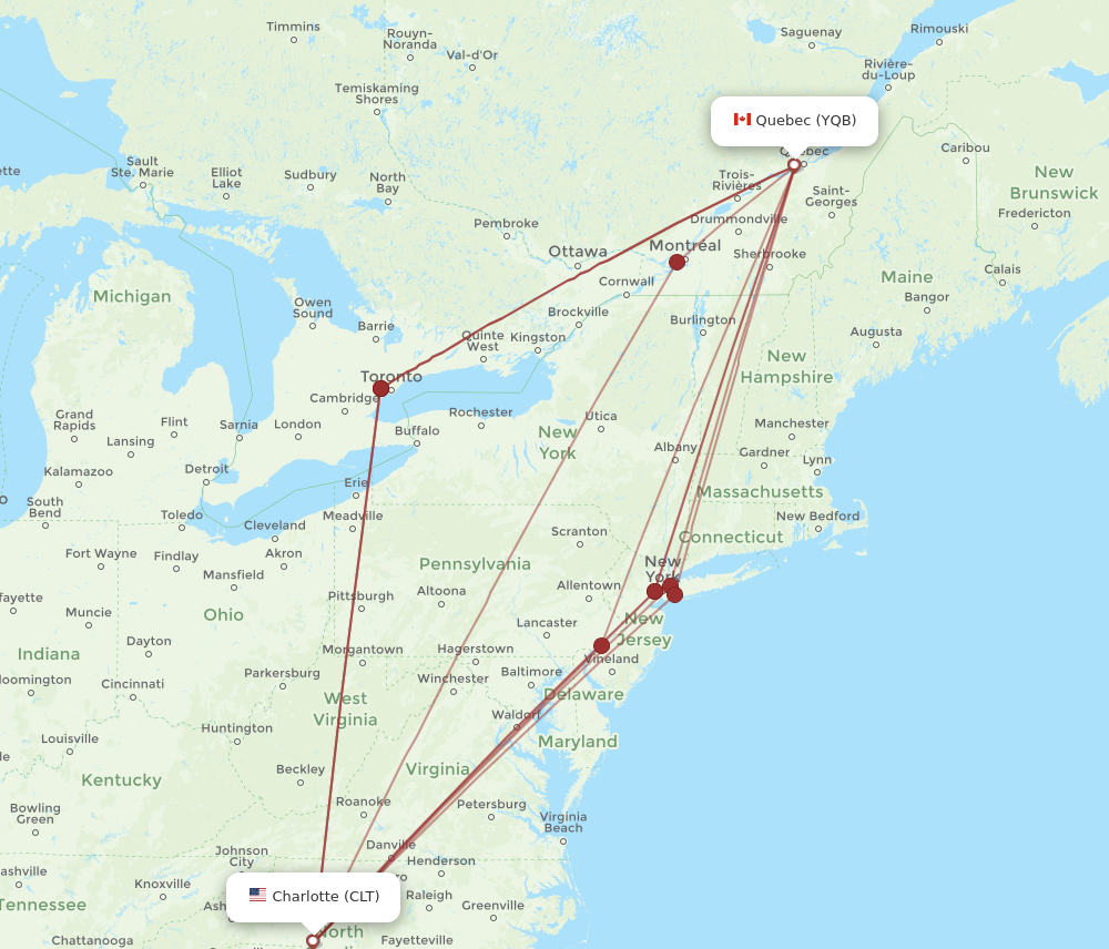 CLT to YQB flights and routes map