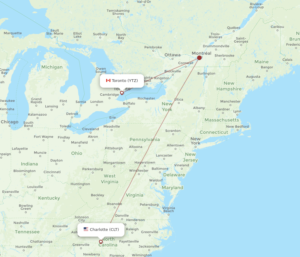 CLT to YTZ flights and routes map