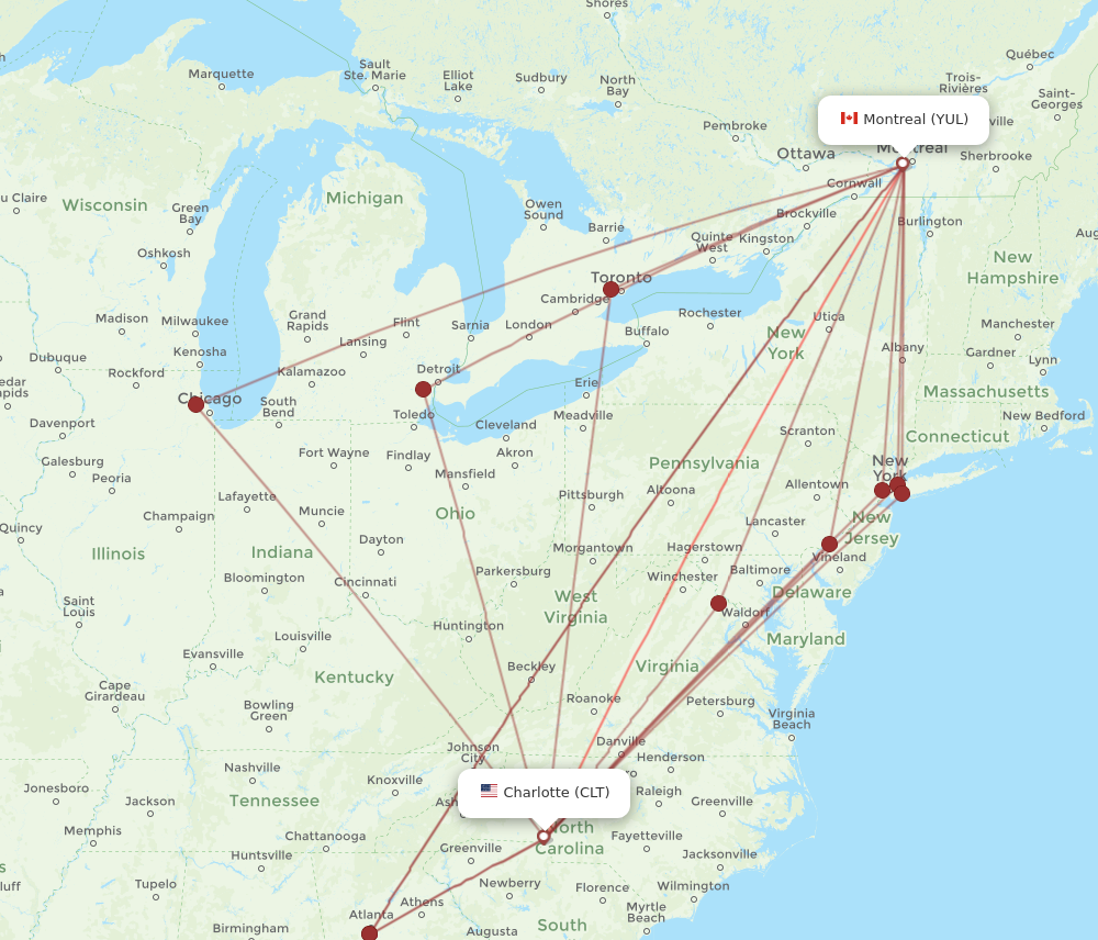CLT to YUL flights and routes map