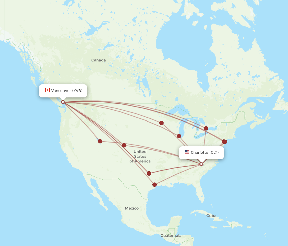 YVR to CLT flights and routes map