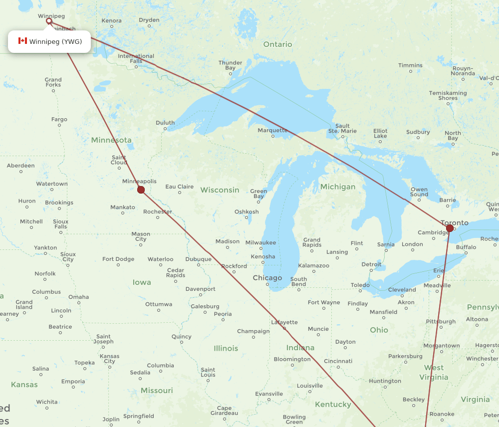 Winnipeg - Charlotte route map and flight paths
