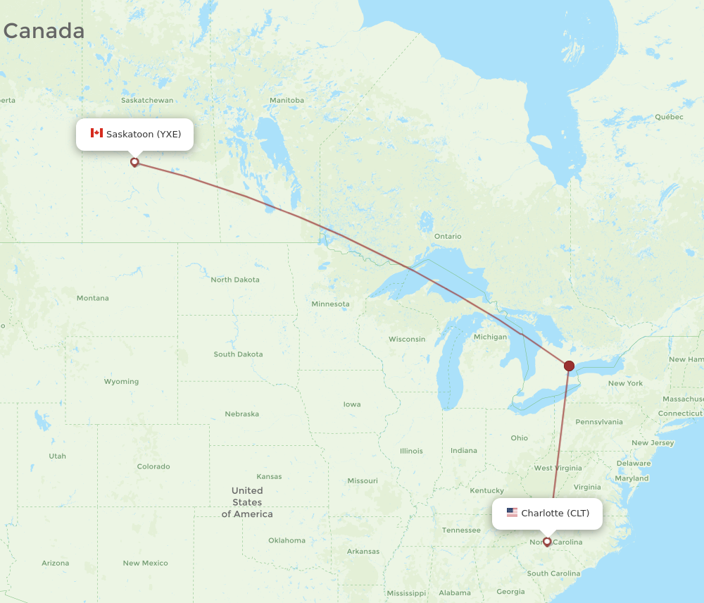 YXE to CLT flights and routes map
