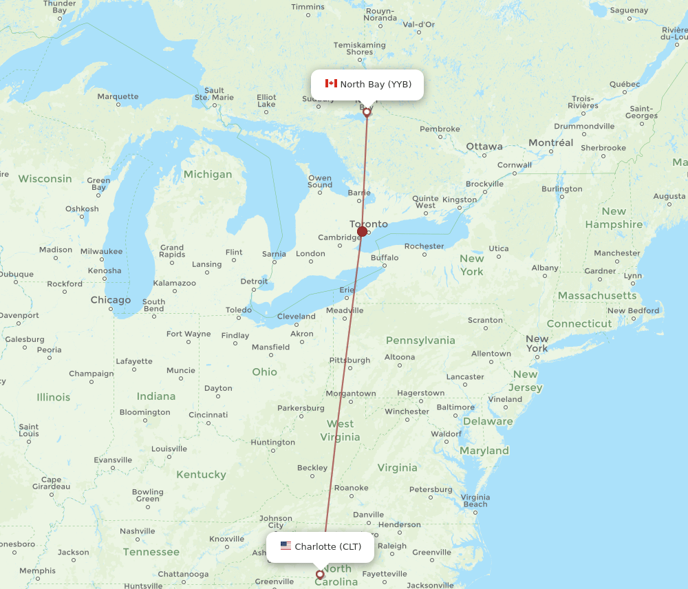 North Bay - Charlotte route map and flight paths