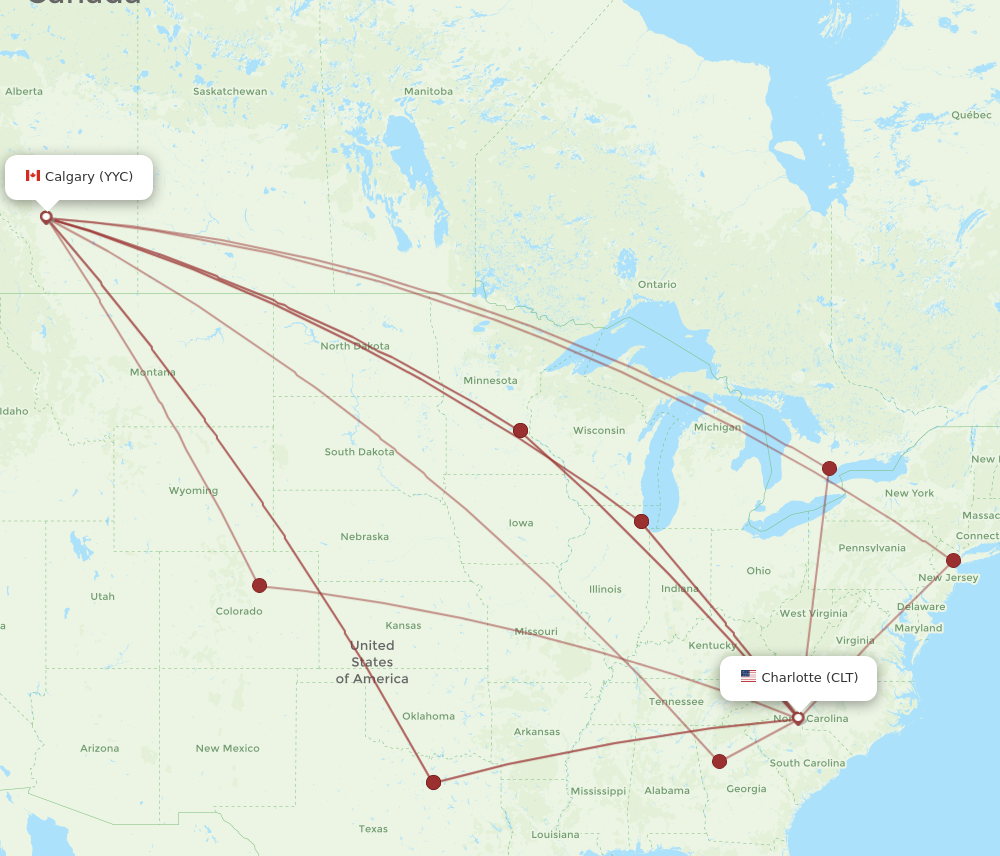 YYC to CLT flights and routes map