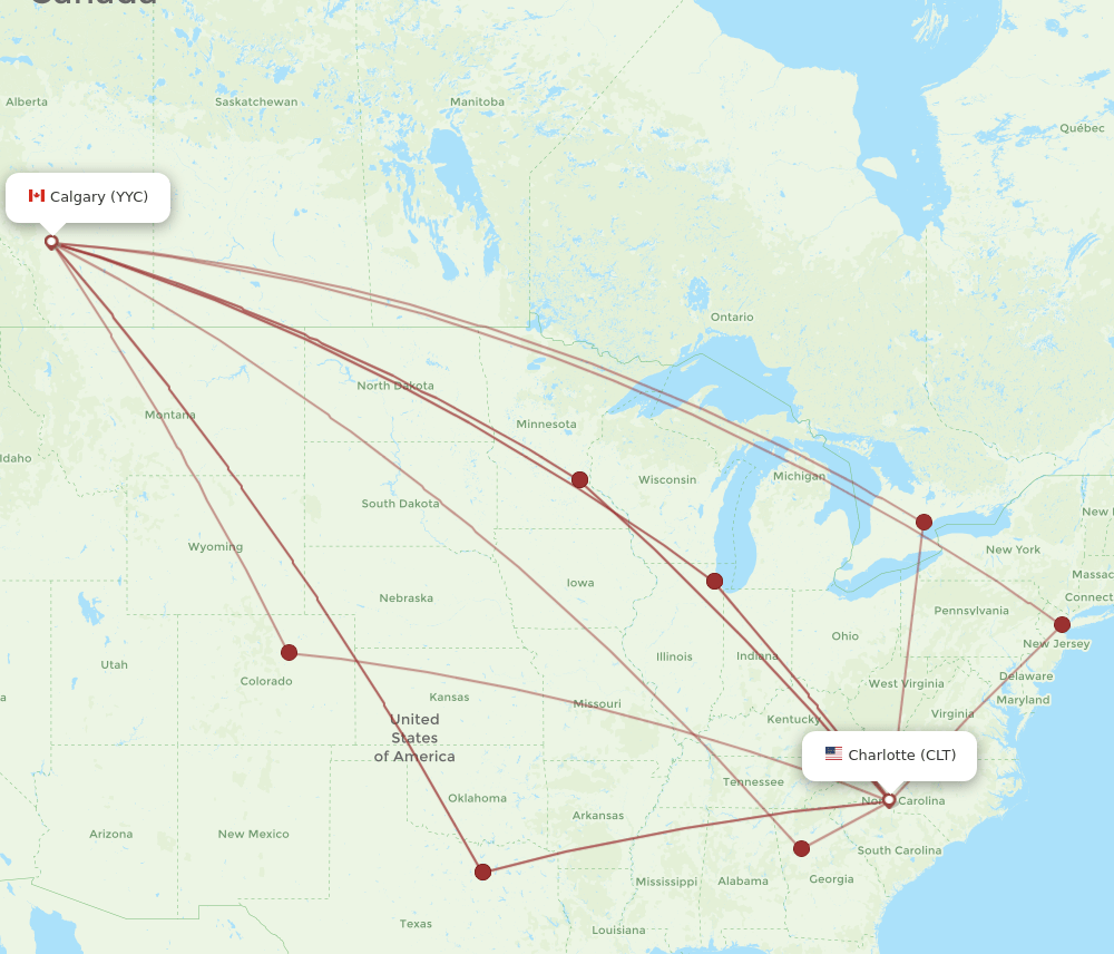 Calgary - Charlotte route map and flight paths
