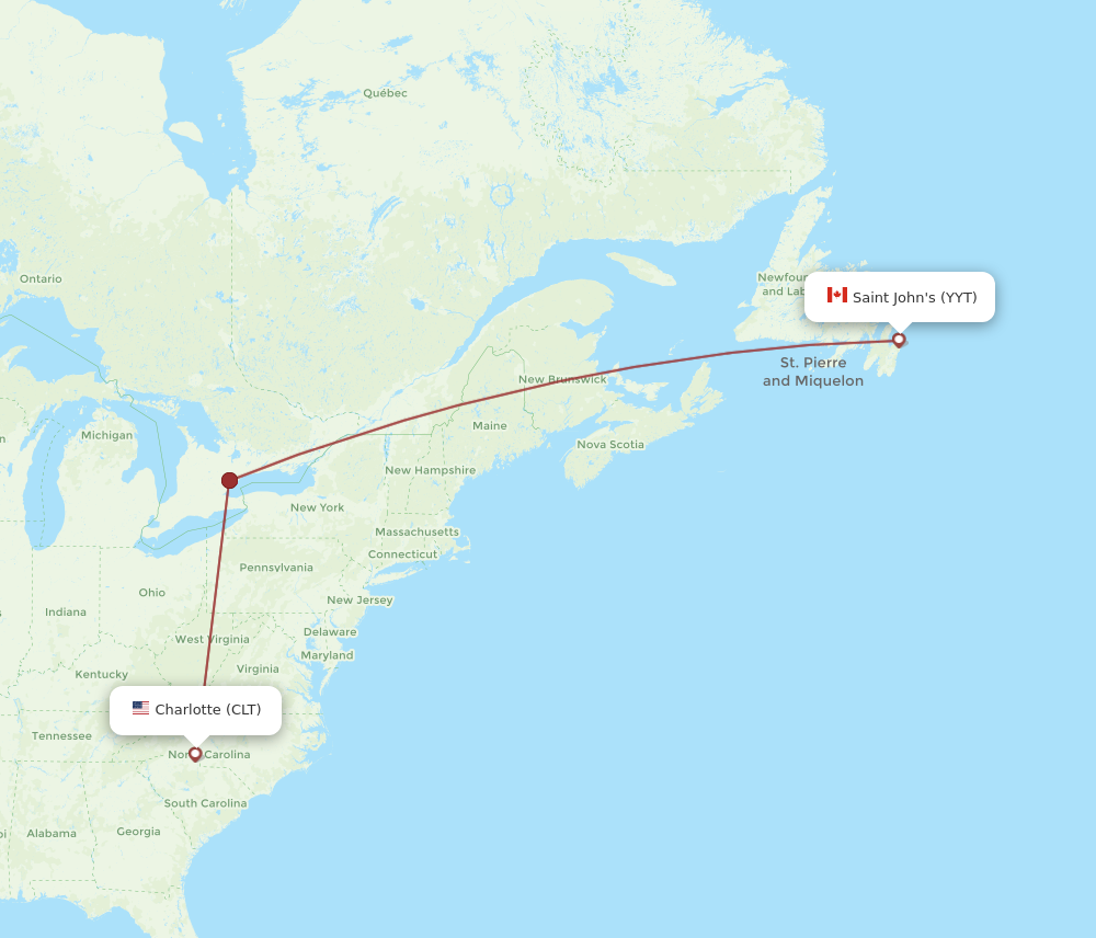 CLT to YYT flights and routes map